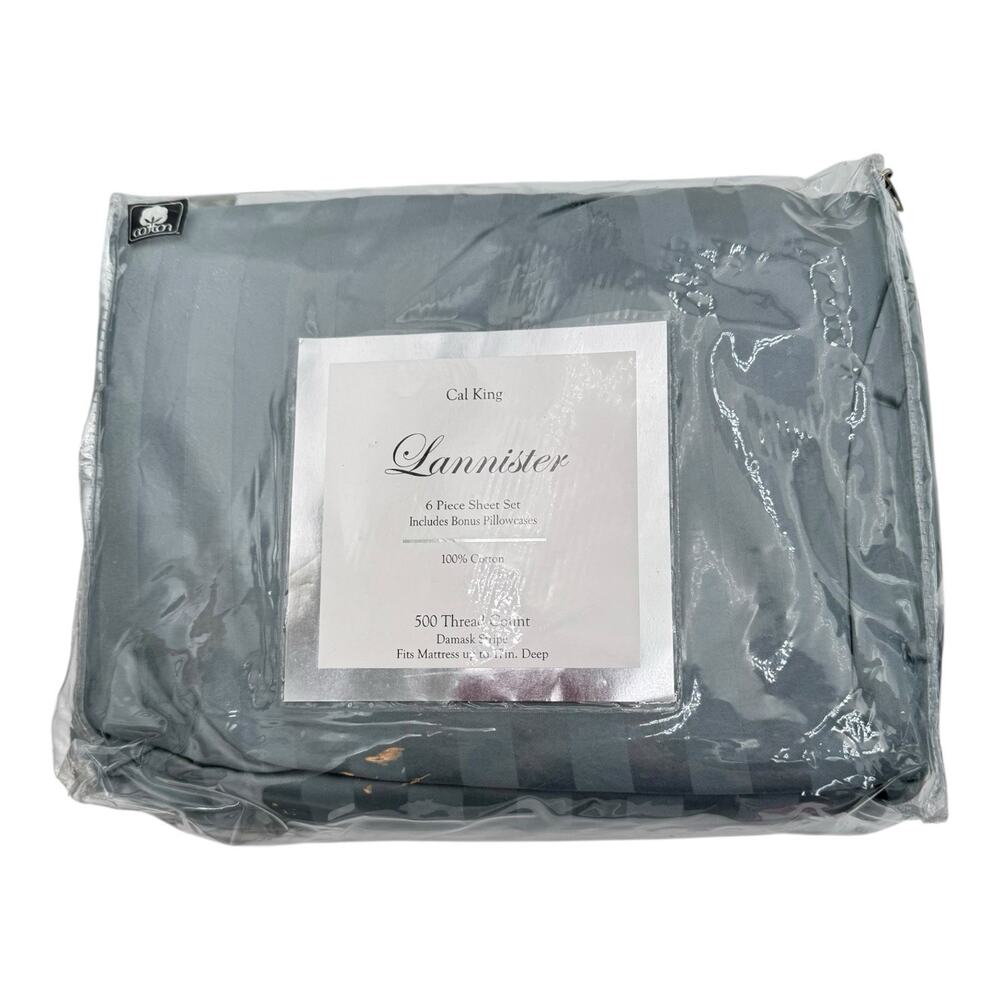 California King 500 Thread Count 100% Cotton Damask Gray Stripe 6 Pc Set New